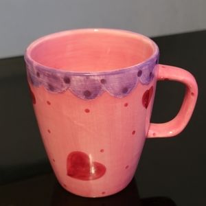 Coffee Mug By Gates Ware, Purple, Pink With Red Hearts